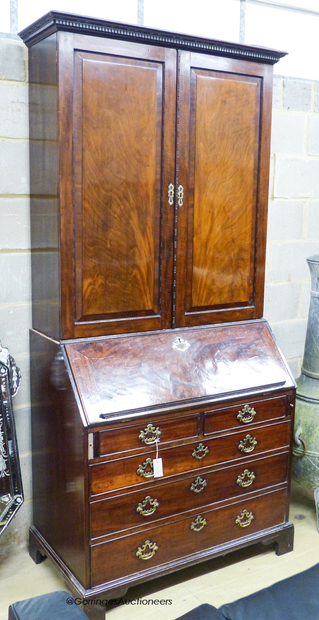 A George III mahogany bureau cabinet, width 102cm, depth 56cm, height 222cm